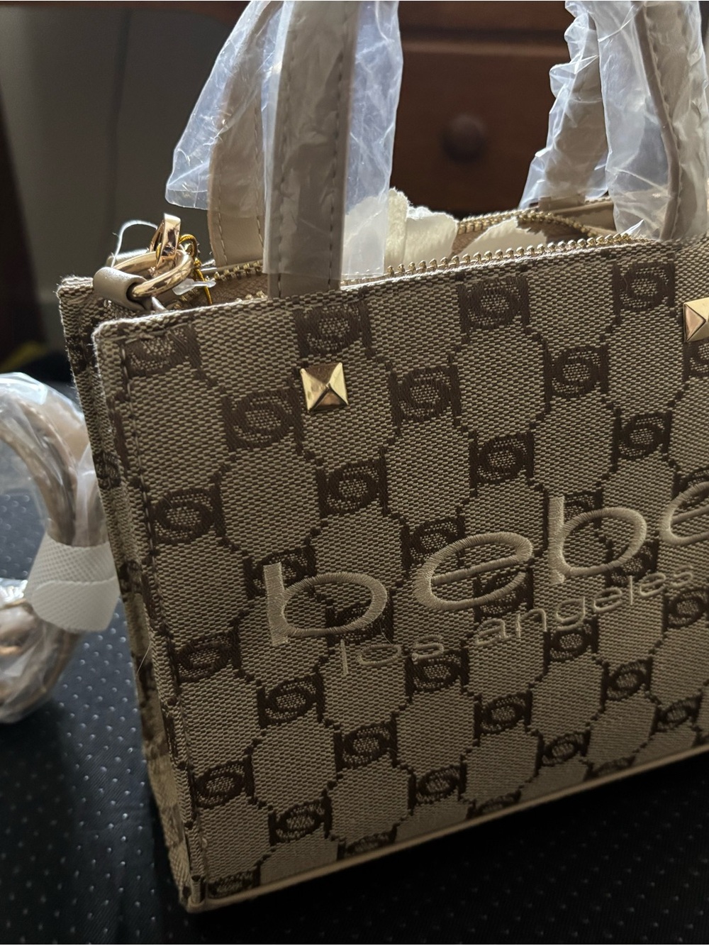bebe Beige Monogram Satchel with Gold Studs